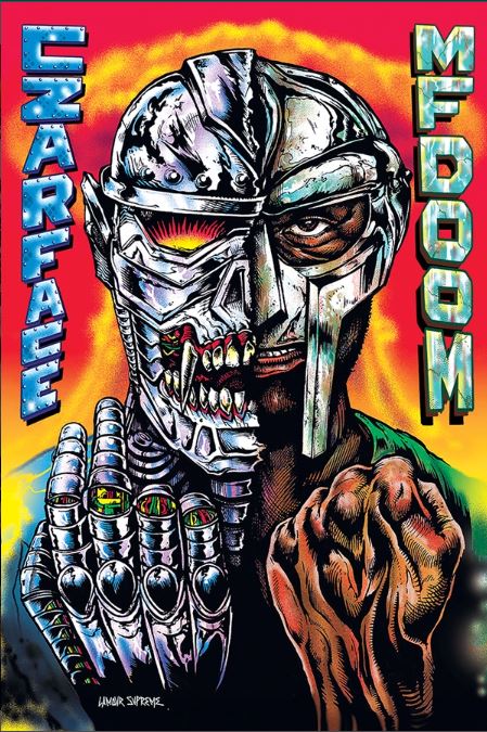 The MF Doom - CZARFACE poster from MUS 111 features a stylized illustration of a metal-masked figure split in half. One side depicts a cyborg with a robotic hand and exposed mechanical parts, while the other side shows a man with a raised fist. The vibrant background makes this Rap Artist Poster ideal for any music collection, prominently showcasing "CZARFACE" and "MF DOOM" on the sides.
