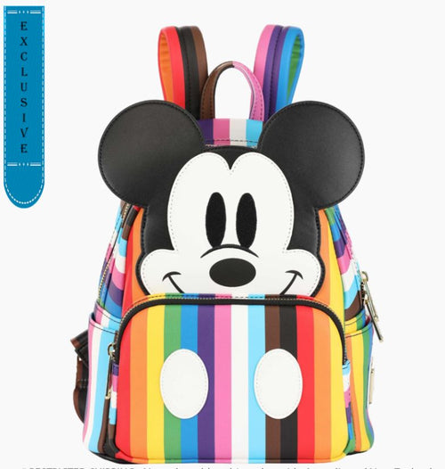 Check out the Disney Mickey Pride Cosplay Mini Backpack by Blue Dog Posters, a vibrant accessory adorned with colorful stripes and featuring a cartoon mouse face that brings Mickey Mouse to mind. This design showcases black ears and eyes accompanied by a cheerful expression. A blue tag on the left side reads "Exclusive," celebrating Disney pride with exuberant style.