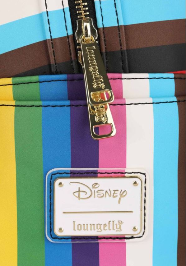 A close-up of the lively Disney Mickey Pride Cosplay Mini Backpack by Blue Dog Posters features vertical stripes in a variety of colors, celebrating pride. A gold zipper enhances the design, while the Mickey Mouse-themed logo adorns a white plaque with gold details.
