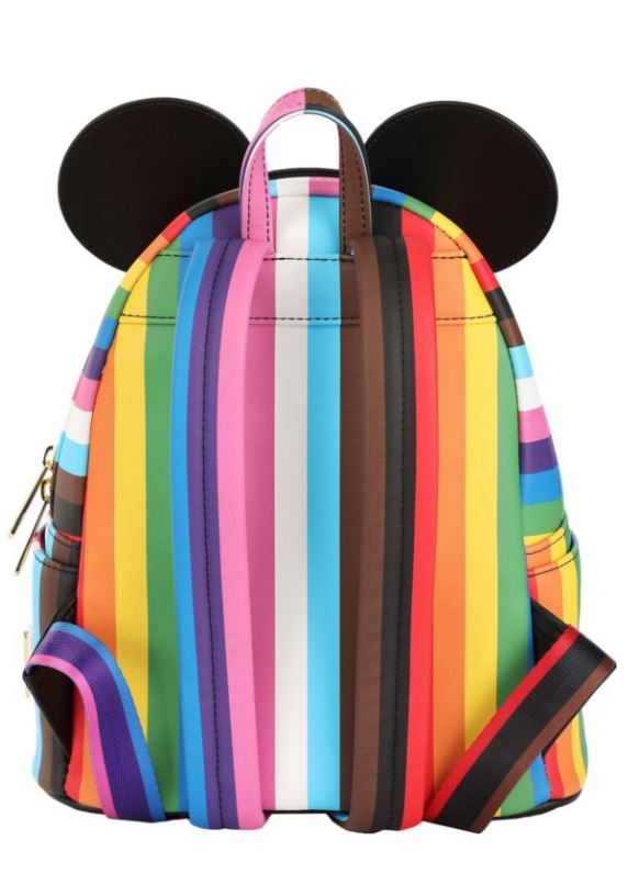 Introducing the Disney Mickey Pride Cosplay Mini Backpack by Blue Dog Posters—a vibrant and colorful accessory featuring vertical rainbow stripes, two round black ears reminiscent of the timeless Mickey Mouse design, and rainbow straps. It includes a front pocket and celebrates pride with its lively hues.