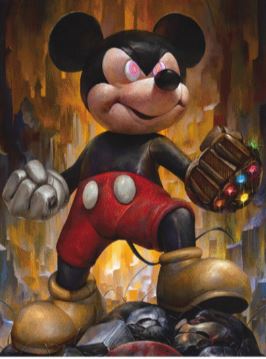 The stunning piece from our Mini Posters Collection, titled Mickeynos by Blue Dog Posters, features a character resembling Mickey Mouse depicted in a dark and intense style. Donning red shorts and yellow shoes, the character exhibits an angry expression while holding a gauntlet with glowing stones amidst a dramatic, fiery background.