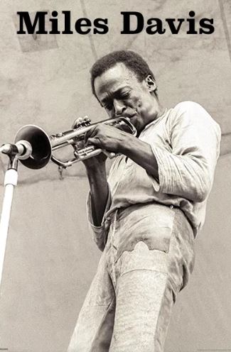 Sepia-toned photo of jazz legend Miles Davis playing trumpet on stage, with "Miles Davis Sepia" in bold at the top—a striking MUS 162 Jazz Poster perfect for any music collection.