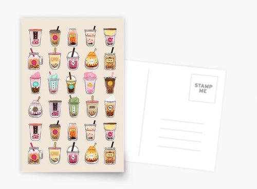 The Boba Milk Tea 2 Postcard from Blue Dog Posters showcases a vibrant collection of bubble tea illustrations on the left side, with each drink displayed in a distinctive cup adorned with various toppings and straws. The right side of the postcard is left blank, providing designated sections for a stamp and address lines.