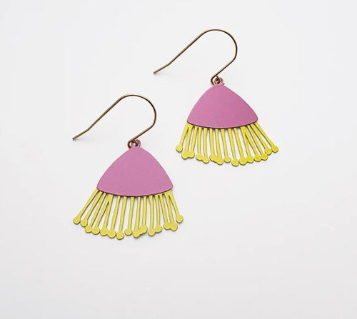 The Mini Gum Blossom Pink & Yellow Earrings by Blue Dog Posters feature pink triangle tops with yellow fringed fan-shaped dangles on gold hooks, shown against a white background.