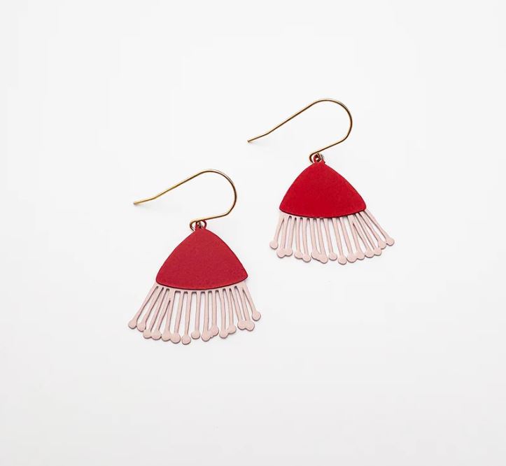 Blue Dog Posters' Mini Gum Blossom Strawberry & Cream Earrings feature red, semi-triangular tops with light pink linear fringe, dangling from gold hooks and displayed on a white background.