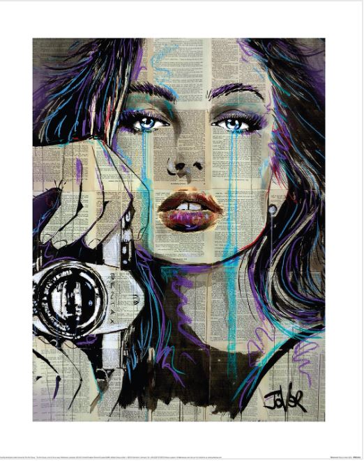 Introducing "Loui Jover (Momento)" by Blue Dog Posters, a captivating art print from our exclusive Decor Series. This stylized painting features a woman holding a vintage camera, her vibrant face set against printed text pages. Bold brushstrokes accentuate her eyes and lips on premium matte art paper.