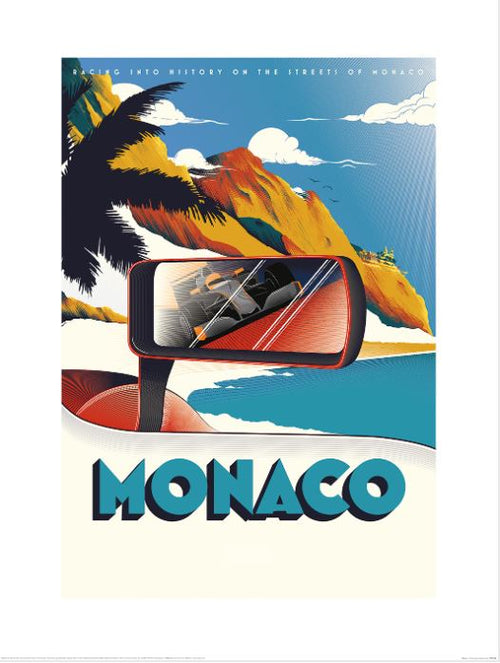 The Zoom F1 (Monaco) Art Print by Blue Dog Posters captures a tropical beach scene, complete with a side mirror reflecting a race car speeding along the coast. The bold lettering at the bottom spells out "MONACO." Palm trees, a blue sky, and mountains contribute to its lively retro charm. This piece is part of the Decor Series Collection and printed on high-quality Matte Art Paper.