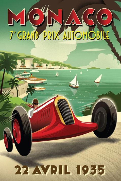 The ART 111 Monaco Grande Prix Vintage Ad poster features a red race car by the sea with palm trees and boats, and “22 Avril 1935” text—a perfect art & decor piece for racing fans.