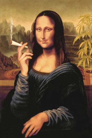 The "Mona Lisa Joint" poster by ALT 020 parodies the classic art, showing Mona Lisa with a lit cigarette and a cannabis plant. Printed on premium gloss paper, this large poster adds a playful twist to your space.