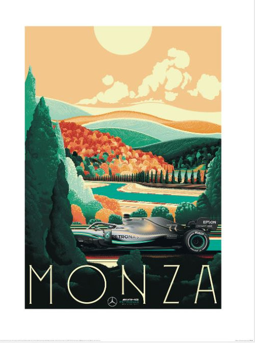 The Zoom F1 (Monza) by Blue Dog Posters is an artistic print featuring a Formula 1 car on a scenic track, surrounded by hills, colorful trees, and a cloudy sky under a large sun. The word "Monza" is prominently displayed at the bottom, with the car showcasing distinctive Petronas and Mercedes-AMG branding.