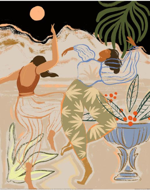 Arty Guava (Moonlight Dance) by GAL233 features an enchanting decor series on matte art paper, depicting two women dancing gracefully under a night sky, surrounded by foliage, an ornate vase with red berries, and a large leaf with abstract mountains and a warm moon as the backdrop.