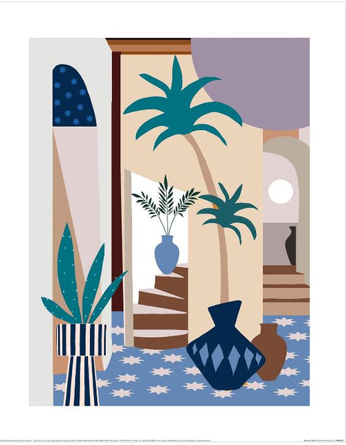 Summer Thornton's "Moroccan Night" by GAL228 features matte-printed abstract art of a vibrant interior with potted plants, geometric patterns, and a spiral staircase. Part of the Decor Series, it showcases shades of blue, beige, brown, star motifs on the floor, and stylized vases.