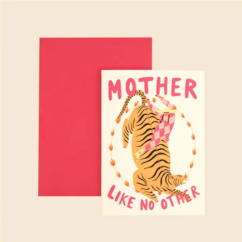 The Blue Dog Posters "A Mother Like No Other Greeting Card" features a tiger holding a cub inside a floral wreath, with bold pink "MOTHER LIKE NO OTHER" text and comes with a red envelope.