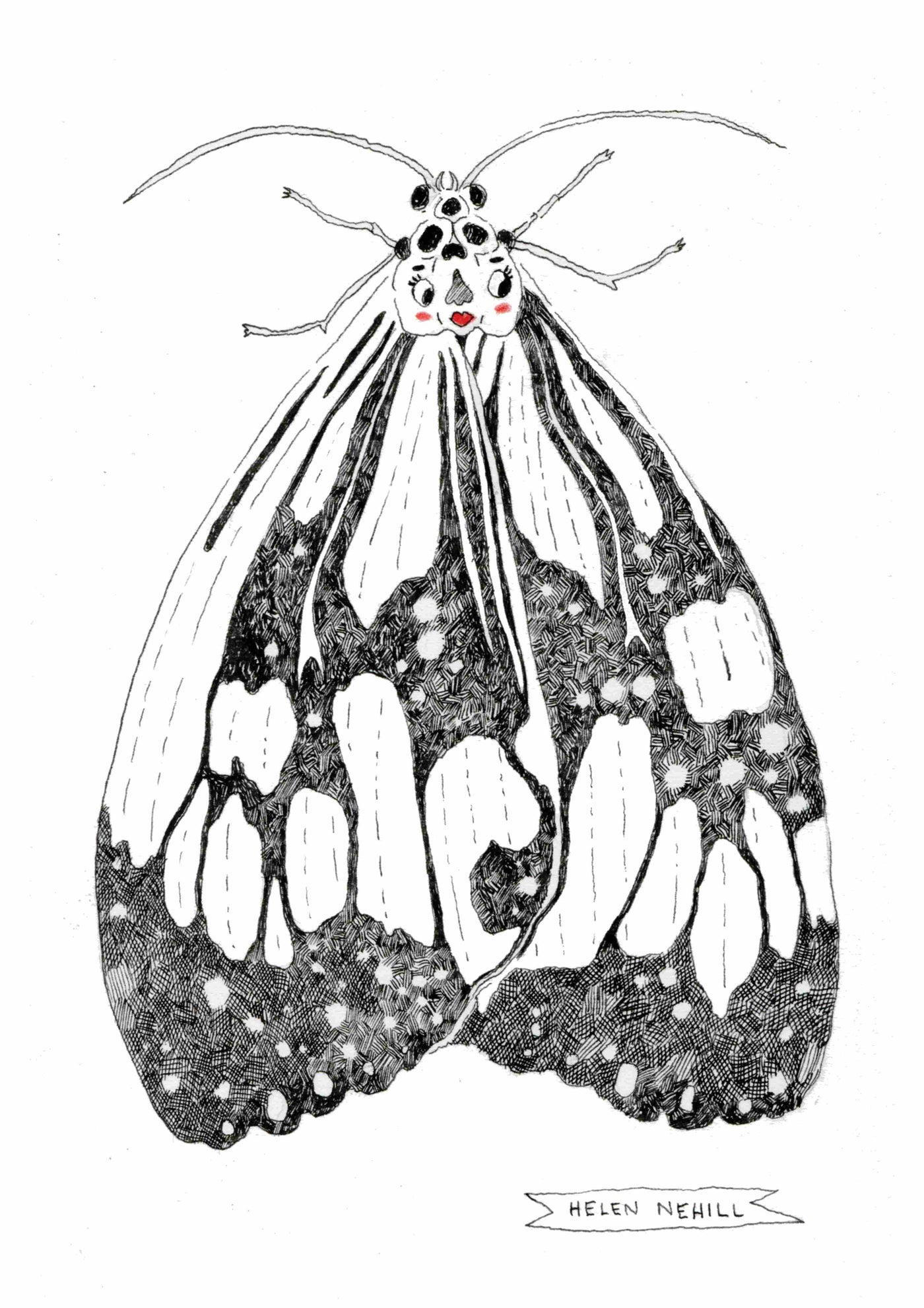 A black and white illustration of a moth features detailed wings and a human face with closed eyes and red blushing cheeks on its head. The wings exhibit intricate patterns reminiscent of a Rorschach inkblot. Ideal for art enthusiasts, this piece is called "Moth Woman by Helen Nehill A5" from Blue Dog Posters, presented in Deluxe Postcard Frames with "Helen Nehill" inscribed at the bottom.