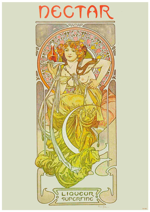 The Mucha - Nectar Liqueur Superfine poster by Blue Dog Posters features an Art Nouveau woman in flowing robes with a red bottle, floral motifs, "NECTAR" at the top, and "Liqueur Superfine" below. Printed on premium 250gsm Satin Paper.