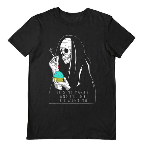The Its My Party Black T-Shirt Large by Blue Dog Posters features a black T-shirt with an illustration of a skeleton wearing a hooded cloak. The skeleton is holding a green cupcake with one candle and lighting it with a match. The text below reads, "It's my party and I'll die if I want to.