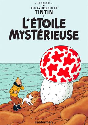 The Aventures de Tintin Letoile Mysterieuse poster by Blue Dog Posters features Tintin and Snowy on a rocky shore gazing at a giant red and white mushroom, with the sea in the background—a striking addition for Tintin fans.