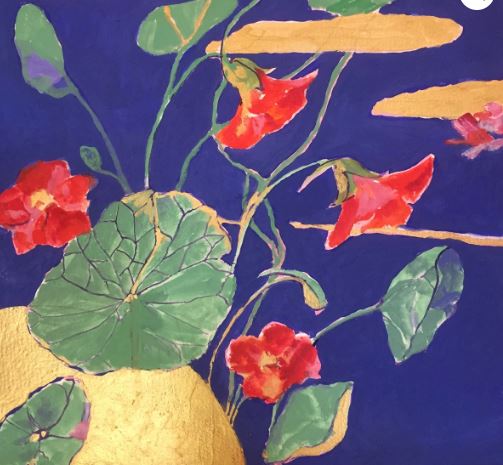 The Nasturtiums by Christine Read, available from Blue Dog Posters, is a vibrant premium quality art print showcasing red flowers and green leaves set against a bold blue background. Some petals and leaves are highlighted with gold accents, creating a striking effect. The artwork features a flowing and organic composition, with stems and leaves intertwining gracefully.