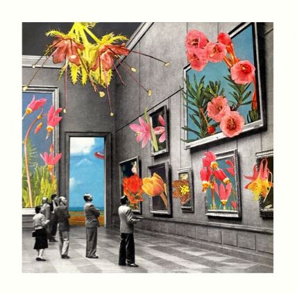 A surreal collage from Blue Dog Posters’ "Natural History Museum by Eugenia Loli" depicts people in a gallery. Instead of traditional art, the paintings feature vibrant flowers and plants on high-quality paper. Some flowers also emerge from the frames, blending reality with fantasy. A large bouquet hangs from the ceiling, further enhancing the dreamlike scene.