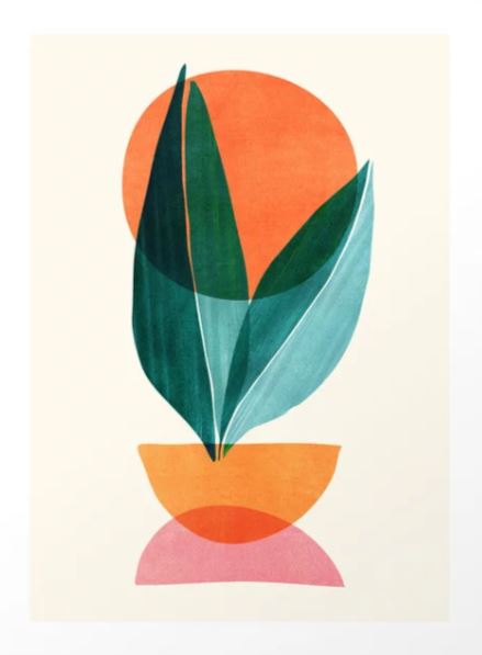 Nature Stack by Modern Tropical from GAL125 showcases overlapping geometric shapes, including a dark green leaf in an orange semicircular pot against an orange circular backdrop with a pink semicircle below. This piece exemplifies premium quality art print standards.