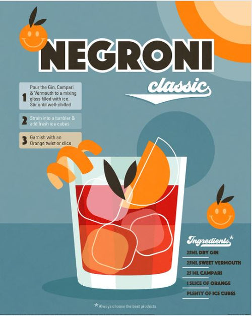 Discover the Dominique Vari Negroni from our GAL240 Decor Series: mix gin, Campari, and vermouth over ice, stir, strain into a tumbler with fresh ice. Garnish with an orange twist or slice. Includes ingredients and whimsical orange characters.