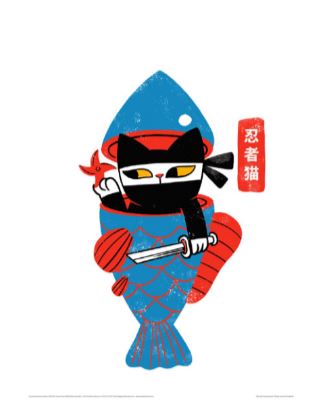 The Neko Ninja by Blue Dog Posters features a stylized illustration of a black cat dressed as a ninja, peeking out from inside a blue fish. The cat holds a red fish in one paw and a small sword in the other, accompanied by Japanese text in red on the right side of the image. Ideal for mini posters printed on high-quality 250gsm satin paper.
