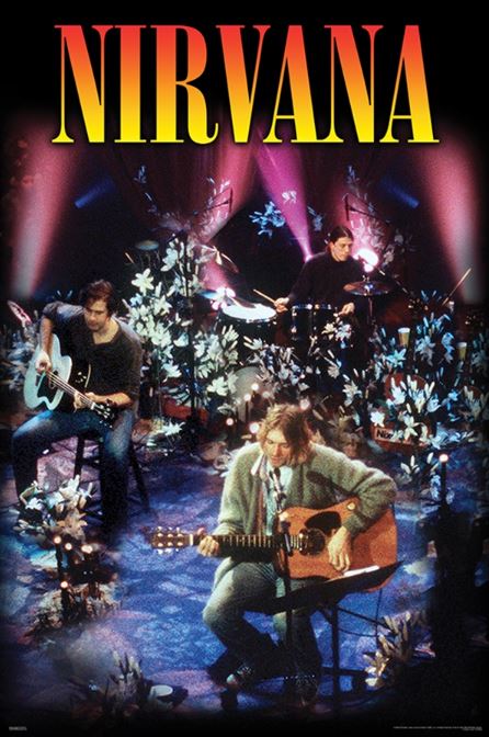 The "Nirvana Unplugged" poster by MUS 198 showcases a band performing on stage, encircled by flowers and bathed in vibrant lights. The word "NIRVANA" is prominently displayed at the top in large gradient letters transitioning from yellow to red. This scene evokes the feel of an acoustic set with guitars and a drum kit, all printed on premium gloss paper perfect for your music collection.