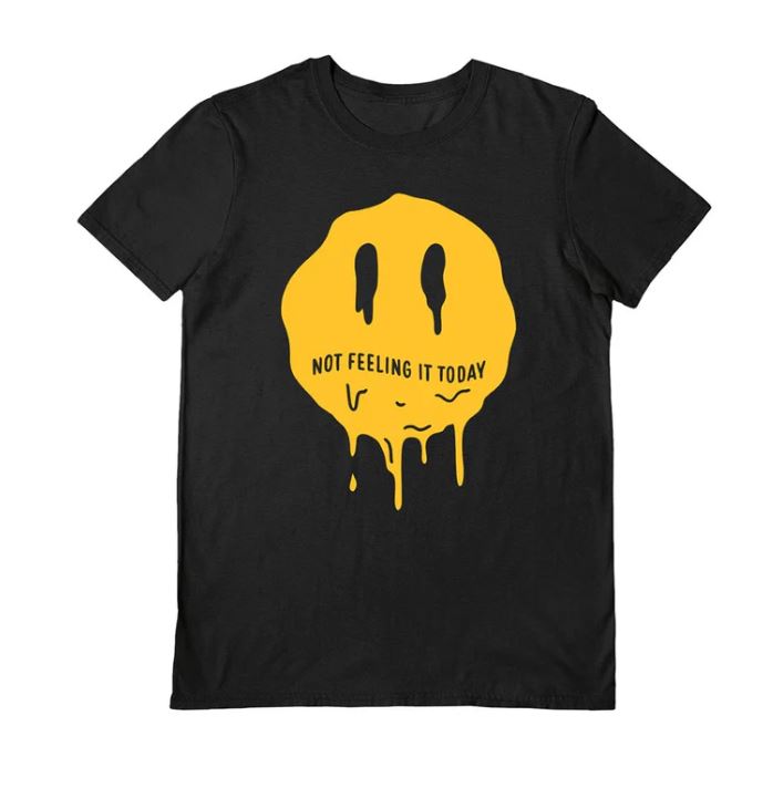 The Blue Dog Posters Not Feeling It Black T-Shirt in Medium features a yellow, melting smiley face with "NOT FEELING IT TODAY," creating a drippy, distorted look.