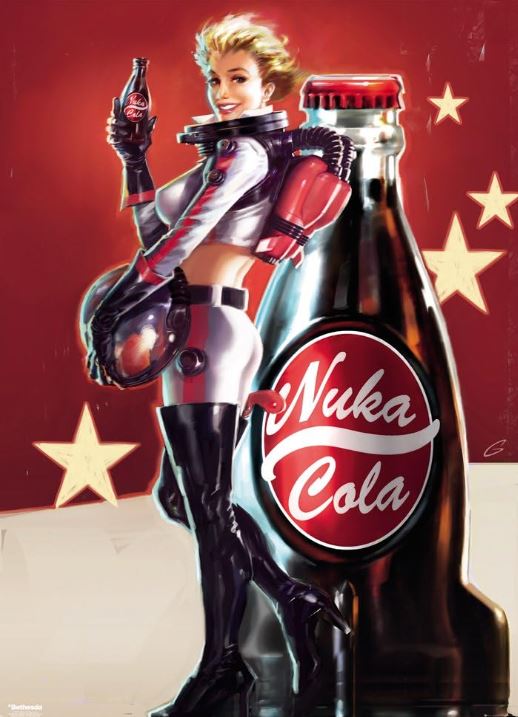 A retro-style poster from Blue Dog Posters, titled "Nuka Cola GIANT Poster," features a woman in a futuristic space suit holding a bottle of "Nuka Cola" with a smile. She stands beside an oversized bottle of "Nuka Cola". The background showcases vibrant red colors and yellow stars, evoking a mid-20th-century advertisement aesthetic—perfect for giant posters and door posters.
