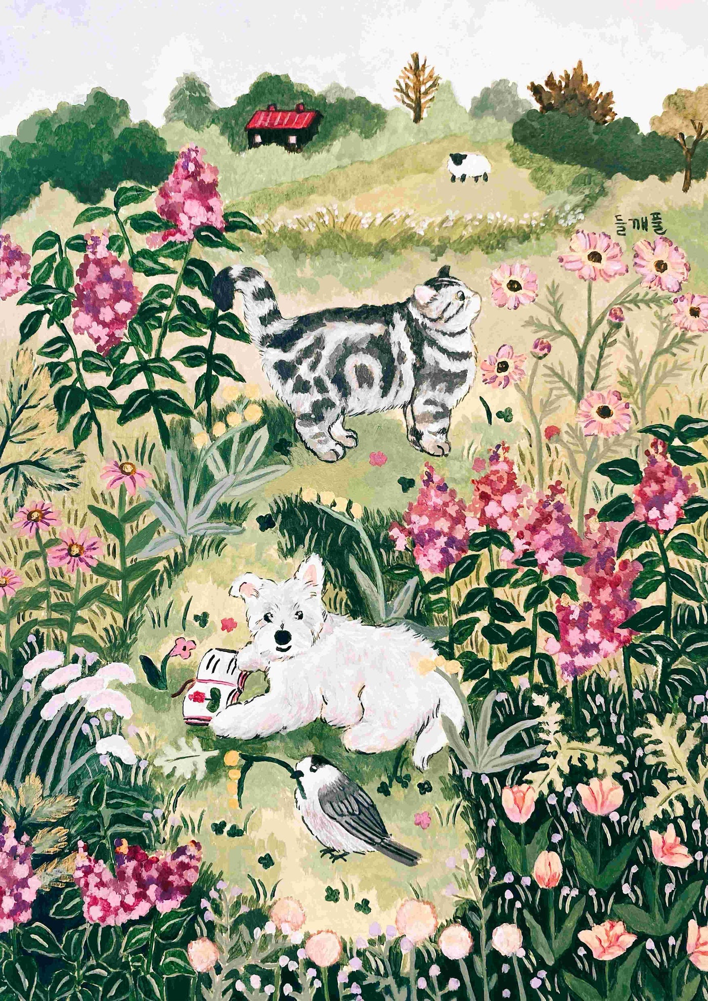 Observing Flowers by Mosla from Blue Dog Posters features a fluffy white dog and gray tabby cat relaxing among wildflowers. Part of the Featured Artist Collection, this art print is on premium 250gsm satin paper.