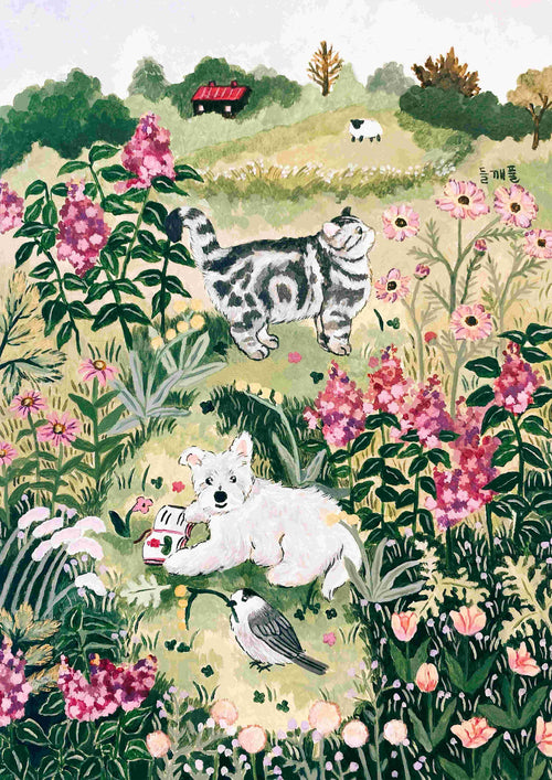 Observing Flowers by Mosla from Blue Dog Posters features a fluffy white dog and gray tabby cat relaxing among wildflowers. Part of the Featured Artist Collection, this art print is on premium 250gsm satin paper.