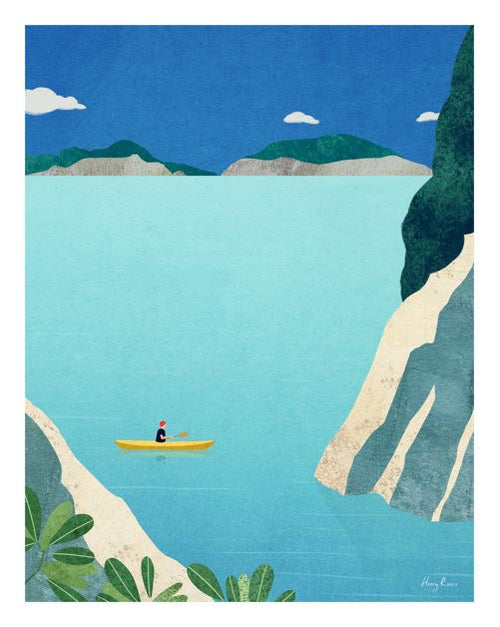 Experience the serenity of "Ocean Kayak by Henry Rivers," a premium art print from GAL210B, featuring a yellow kayak gliding across calm blue waters, with steep cliffs and distant green islands under clear skies.