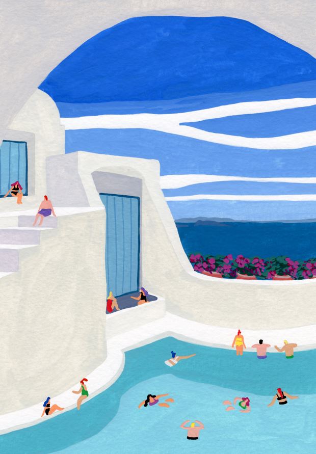 Oia Lux by Helo Birdie from GAL153 captures a seaside pool scene with swimmers, sunbathers, and white buildings under a clear blue sky. Vibrant flowers frame the sea view in the background, showcasing premium craftsmanship.