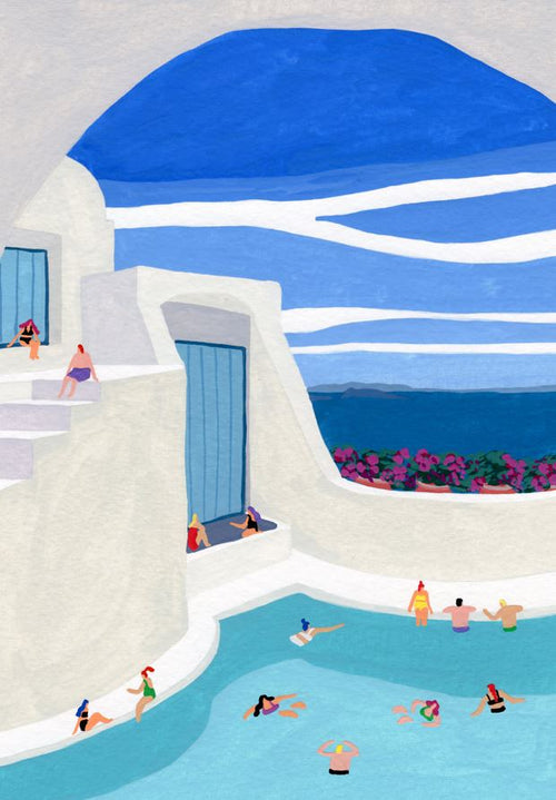 Oia Lux by Helo Birdie from GAL153 captures a seaside pool scene with swimmers, sunbathers, and white buildings under a clear blue sky. Vibrant flowers frame the sea view in the background, showcasing premium craftsmanship.