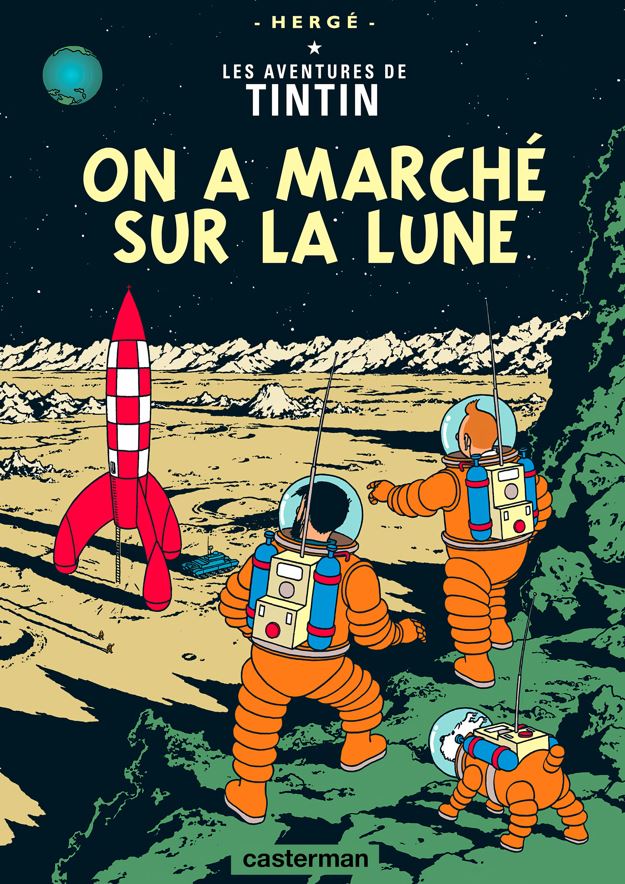 The Aventures de Tintin on a Marche sur la Lune poster by Blue Dog Posters shows Tintin, Snowy, and Captain Haddock in orange spacesuits on the Moon with a red-and-white rocket. Ideal for A3 display and inspired by the French comic classic.