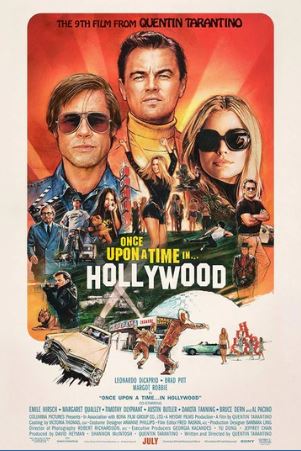 MTV 374’s “Once Upon a Time in Hollywood” poster features illustrated Leonardo DiCaprio, Brad Pitt, and Margot Robbie with a vintage Hollywood backdrop and retro cars, styled in vibrant, retro-inspired colors.