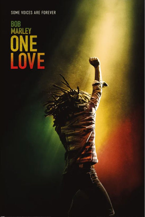 A poster for "Bob Marley (One Love)" by MUS 086 features a silhouette of a person with dreadlocks, arm raised, illuminated by green, yellow, and red lights. The text "SOME VOICES ARE FOREVER" is at the top left, and "BOB MARLEY ONE LOVE" is in large letters to the left of the figure.