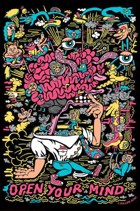 Product Description: The Killer Acid (Open Your Mind) by ART 011 features a psychedelic illustration with an exploded brain full of cartoon characters and bizarre elements. A person in a white shirt touches their head, releasing colorful creatures and beings. The text below reads "Open Your Mind." This piece showcases bright, chaotic, and surreal imagery.