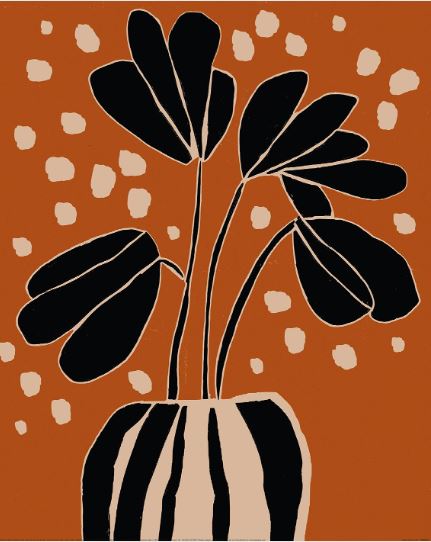 The Treechild (Ochre Still Life No 4) by GAL231 features a stylized potted plant with large black leaves and beige outlines against an orange backdrop. Scattered beige dots add a playful touch, creating an eye-catching piece from the Decor Series.