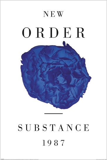 Album cover for "New Order - Substance" by MUS 353, featuring a textured blue circle resembling a flower against a white background, with centered text above and below the circle.