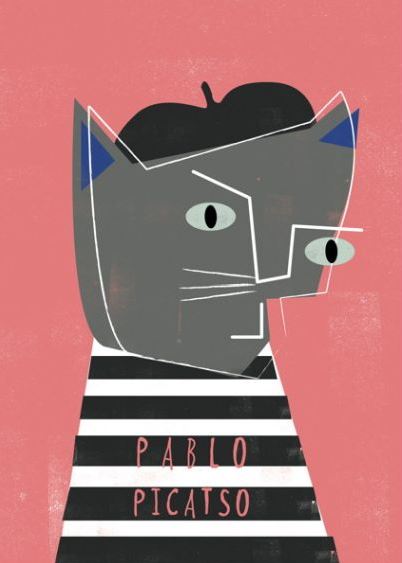 Illustration of a cubist cat with a grey face, wearing a black beret and a black-and-white striped shirt against a pink background. The cat's name, "Pablo Picatso," is humorously written below its face. Part of the Featured Artists Collection, this A3 Art Print titled "Pablo Picatso by Nia Gould" by fap is on high quality paper.