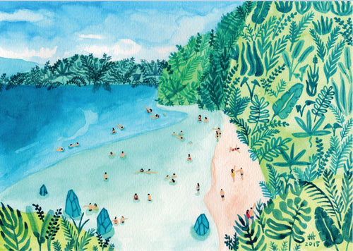 Paradise by Helo Birdie is a colorful watercolor painting of a beach scene featuring swimmers, sunbathers, lush greenery, and scattered clouds, ideal for display on matte art paper. Brought to you by GAL151.