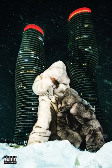 Two people in oversized fur coats pose in snowy night before two red-lit skyscrapers. Snow falls around them, a parental advisory label sits below—perfect as a Rap Poster for your collection: Partynextdoor and Drake $$$4U by MUS 190.