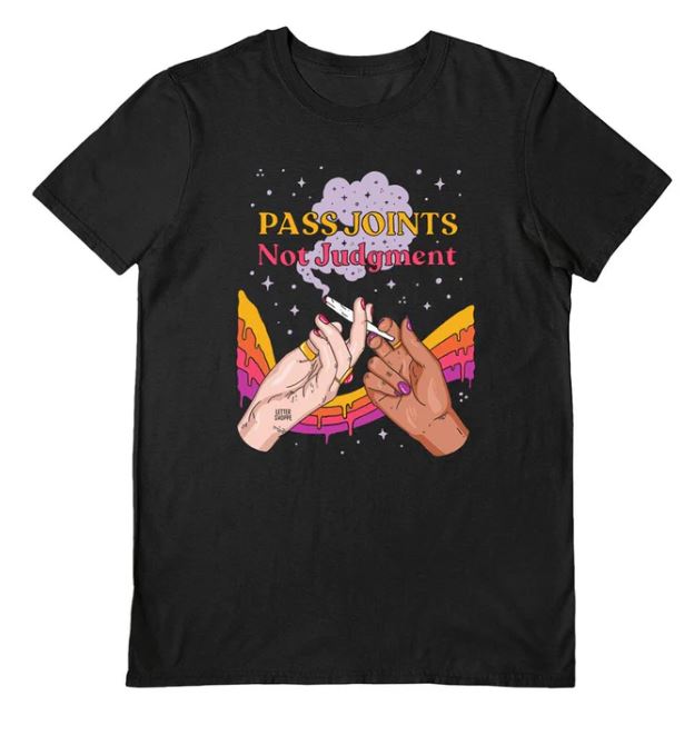 Introducing the large Pass Joints Black T-Shirt by Blue Dog Posters. This stylish T-shirt features an illustration of two hands passing a joint, with the text "PASS JOINTS" above the hands and "Not Judgment" below them. The background is adorned with vibrant, psychedelic designs and stars, making it a standout piece in any wardrobe.