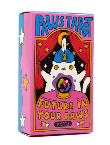 The "Cat Paws Tarot Cards" by Blue Dog Posters comes in an illustrated box featuring a cartoon cat with a turban reading a crystal ball, set against red curtains and stars. The text "Future in Your Paws" adorns the pink tablecloth, with blue and pink starry sides.