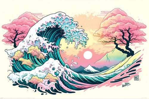 Titled "Ada Ingram (Pastel Wave)" from the ART 080 brand, this art poster showcases a vibrant illustration of a large wave adorned with pink cherry blossoms, evoking the essence of "The Great Wave off Kanagawa." The serene background includes pastel skies, a setting sun, and two cherry blossom trees with a snow-capped mountain in the distance. This stunning piece is crafted on Premium 150gsm gloss paper.