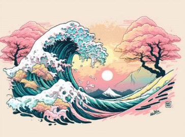 Pastel Waves by Blue Dog Posters presents a vibrant illustration on 250gsm satin paper. This piece depicts a massive wave, echoing traditional Japanese art, crashing against cherry blossom trees and mountains with the sun setting behind them. The pastel shades of pink, blue, and yellow create a striking visual similar to a mini poster.