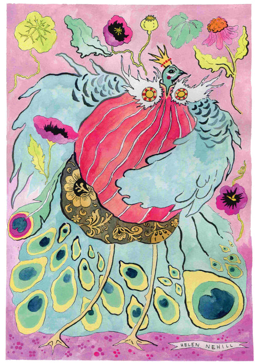 Peacocking by Helen Nehill Art from Blue Dog Posters showcases a whimsical and colorful print of a bird boasting vibrant plumage adorned with intricate patterns and bright, ornate details. The background features abstract, stylized flowers and leaves in various shades of green, pink, and purple. This piece is crafted on high-quality paper by the Australian artist Helen Nehill.