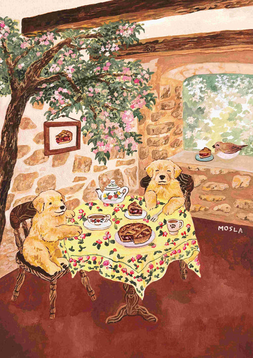 In the art print "Perfect Raspberry Pie by Mosla" from Blue Dog Posters, two golden retriever puppies sit at a small table with floral teacups, a teapot, and cakes in a cozy stone room. A bird outside the window and pink blossoms overhead make it perfect for your 250gsm Satin Paper art collection.
