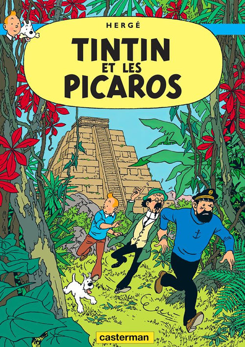 Aventures de Tintin es les Picaros A3 poster by Blue Dog Posters features Tintin, Captain Haddock, and Snowy running through a vibrant jungle with a pyramid backdrop. Printed on satin paper—perfect for French comic fans!.